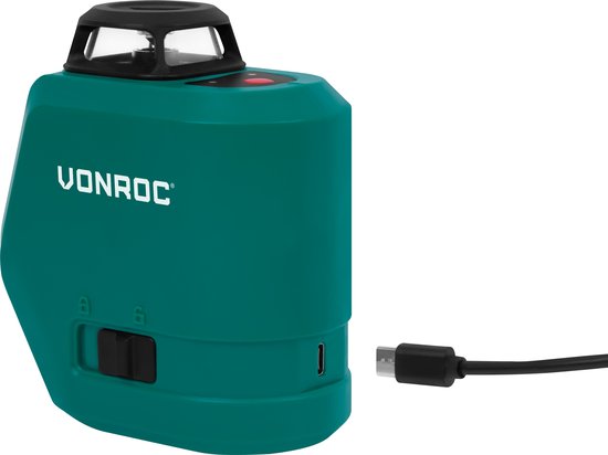 VONROC Cross line laser - 360° - rouge - batterie 4V - 2600mah - autonivelant - portée ±20 mètres - Support de montage, câble USB-C et sac de rangement inclus.