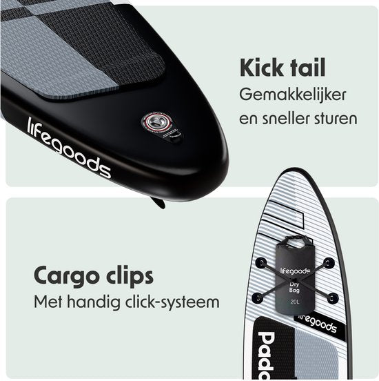 LifeGoods PaddlePro SUP Board Pro - Pro Set - Planche à pagaie gonflable - Max. 150KG - 320x81cm - Noir/Blanc