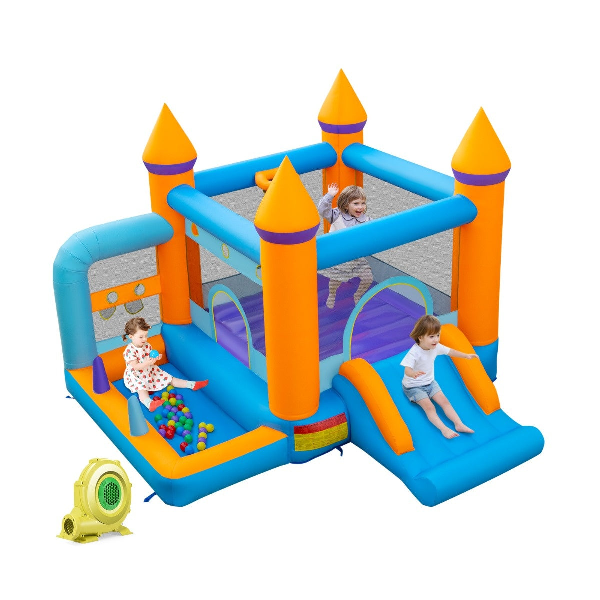 Coast - Chateau gonflable - 5-en-1, toboggan, piscine à balles, ventilateur inclus - 337 x 325 x 265 cm - Oxford/PVC - Multicolore