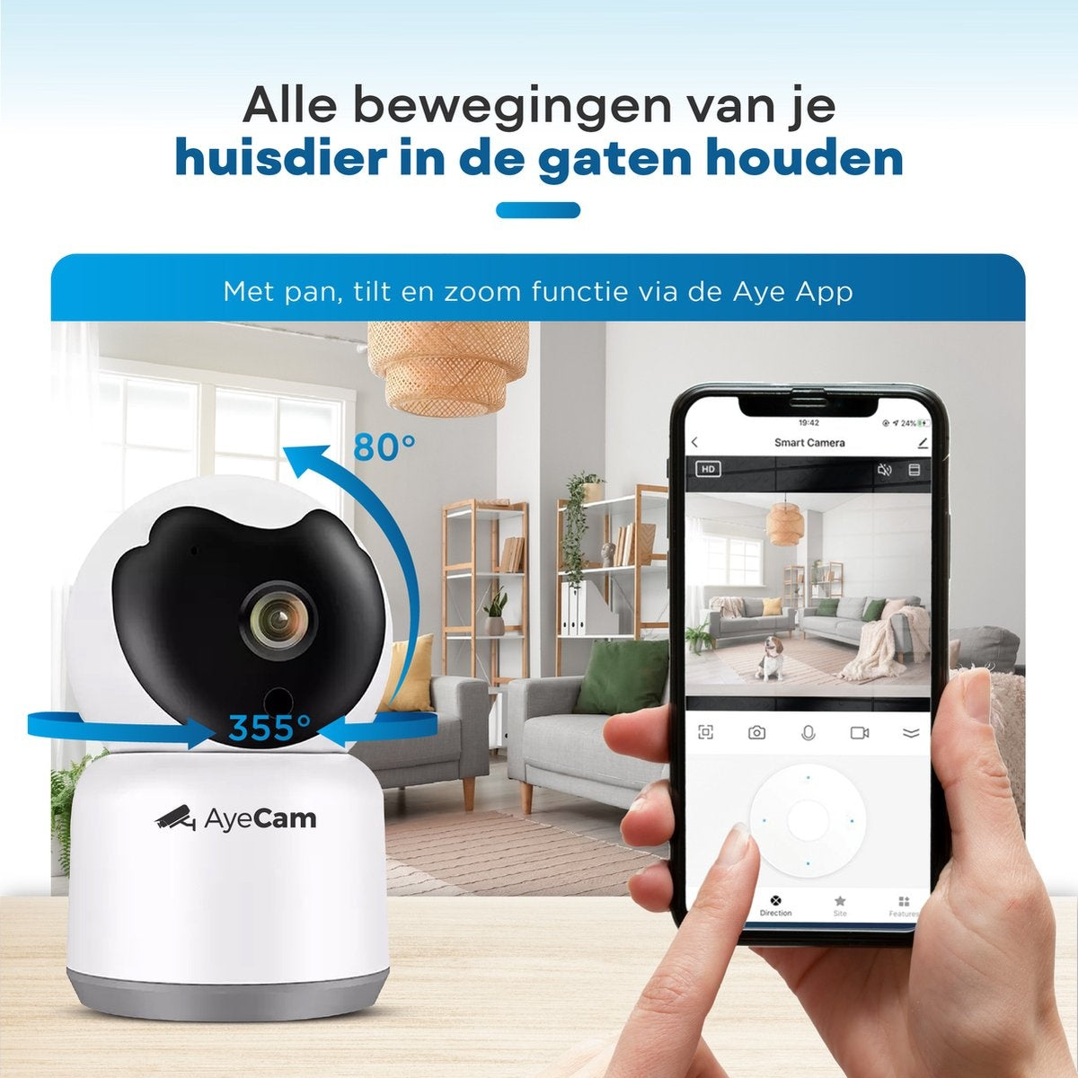 AyeCam Pet Camera - Avec App - Incl. 32GB SD - WiFi - Détection de mouvement et de son - Caméra de sécurité - Caméra pour chien