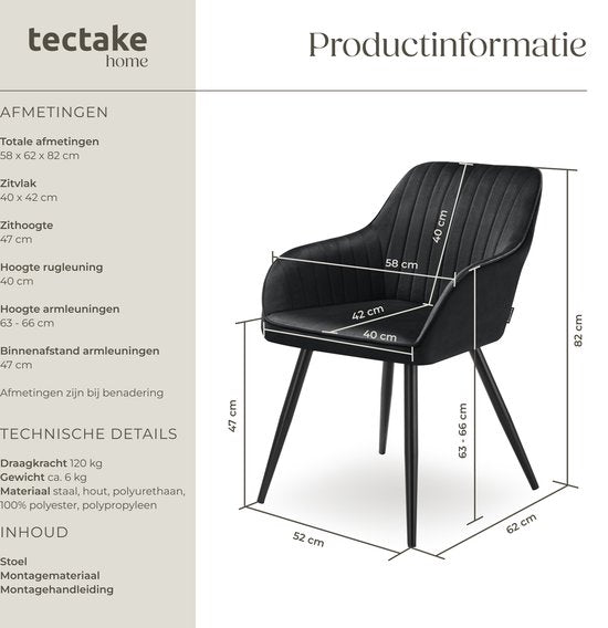 tectake®- Chaise en velours avec motif surpiqué - Chaise de salle à manger moderne - Chaise baquet - Chaise de salon, de salle à manger, de salle de séjour ou de coiffeuse - Couleurs div. - Noir/noir