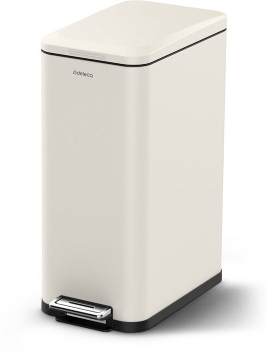 Deleca Poubelle Prestige - 50 Litres - Etroite - Acier inoxydable Poubelle / Corbeille à papier / Poubelle à pédale - Avec pédale et fermeture lente - Blanc crème
