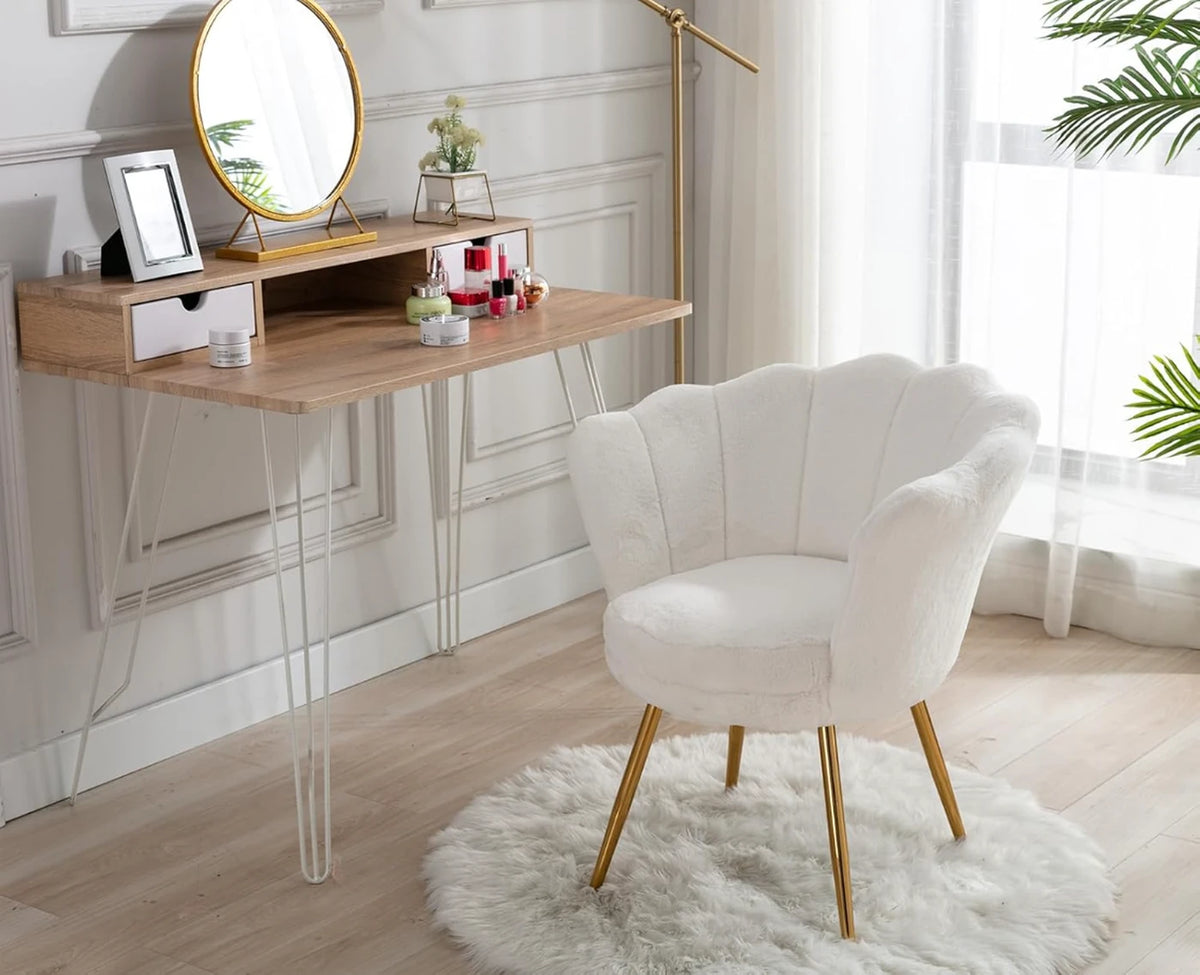 Fauteuil Ya-Home en forme de fleur avec pieds dorés - Fauteuil de détente en peluche - 70 x 60 x 76 cm - Blanc