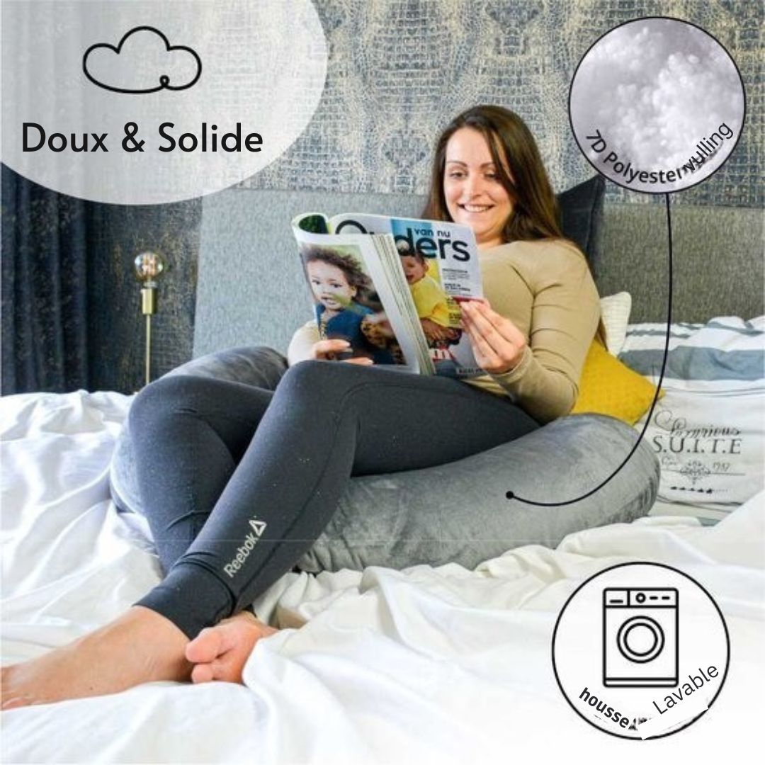 Oreiller de grossesse en forme de J - Ella® - Soutien optimal - confort pour le corps et l’allaitement - housse amovible en polaire Minky -155 cm - Gris