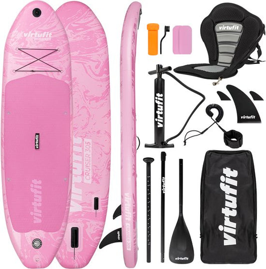 VirtuFit Cruiser Inflatable SUP Board 305 cm - Max. 180 kg - Kit complet - incluant siège de kayak, pagaie, pompe, sac et support GoPro - Stand Up Paddle Board - Rose