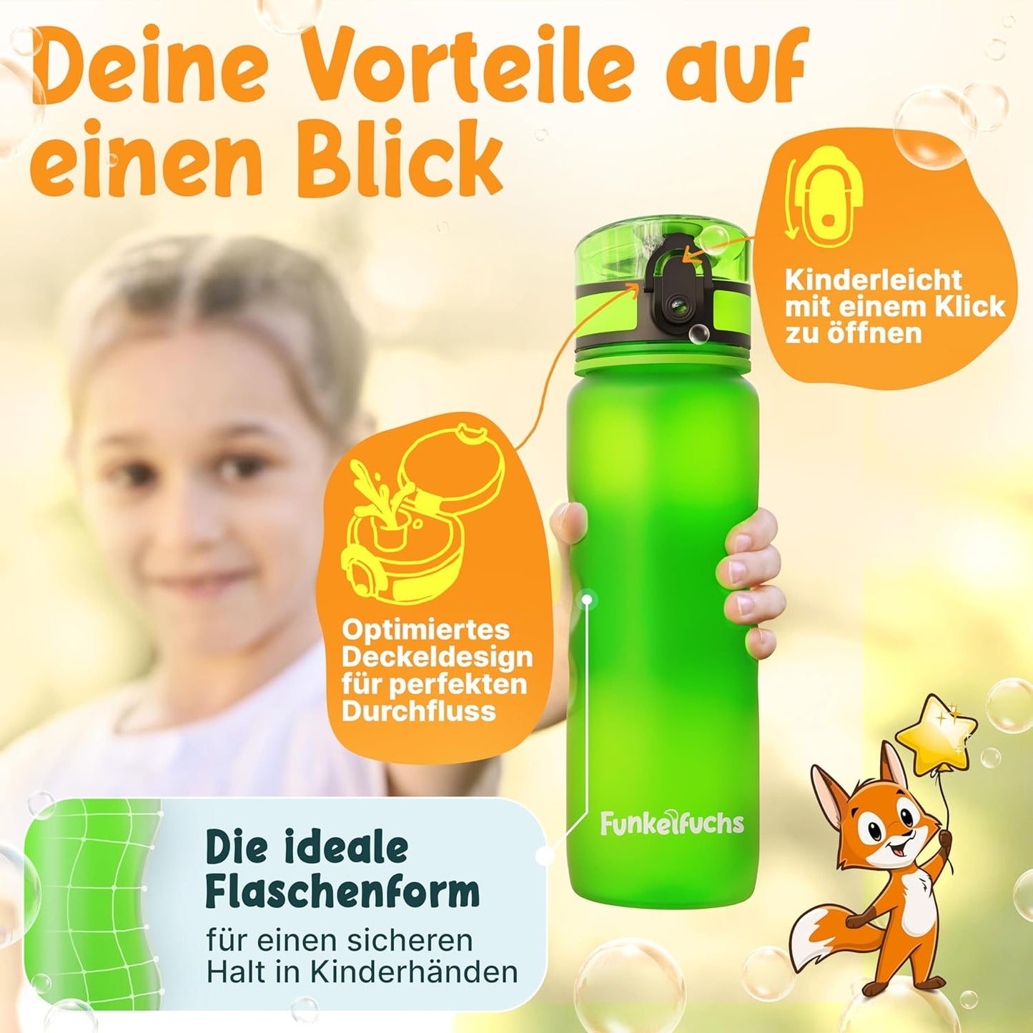 Funkelfuchs® - Bouteille pour enfants - 500ml, verte - gazeuse - 100% étanche - bouteille d'eau lavable au lave-vaisselle - pour le jardin d'enfants, l'école, le sport