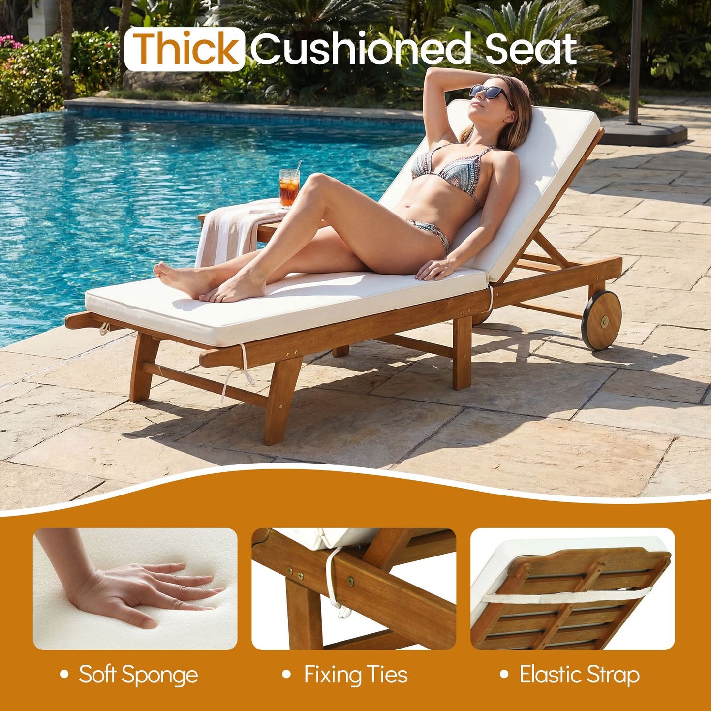 Chaise longue en bois Coast à dossier réglable - 194 x 68 x 30-90 cm - Beige/Naturel