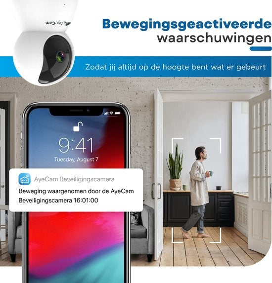 AyeCam Caméra de sécurité - Avec App - WiFi - Détecteur de mouvement - Incl. 32GB SD - Caméra de sécurité - Caméra pour animaux de compagnie