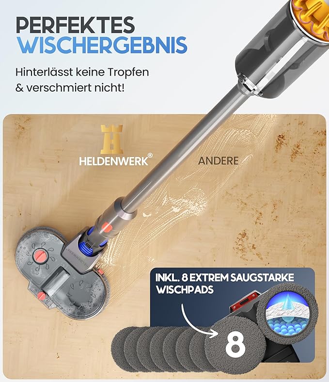 HELDENWERK Accessoire serpillière pour aspirateur Dyson V6, accessoires Dyson, accessoire serpillière, balai électrique avec réservoir d'eau, réservoir de recharge et 8 serpillières lavables.