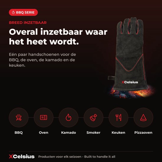 Gants de barbecue XCelsius® en cuir refendu – Certifiés TÜV EN407 – Gants de barbecue et de four résistants à la chaleur – Pour kamado, fonte, grilles et déflecteurs de chaleur – Cadeaux pour hommes – 1 paire – Noir et rouge
