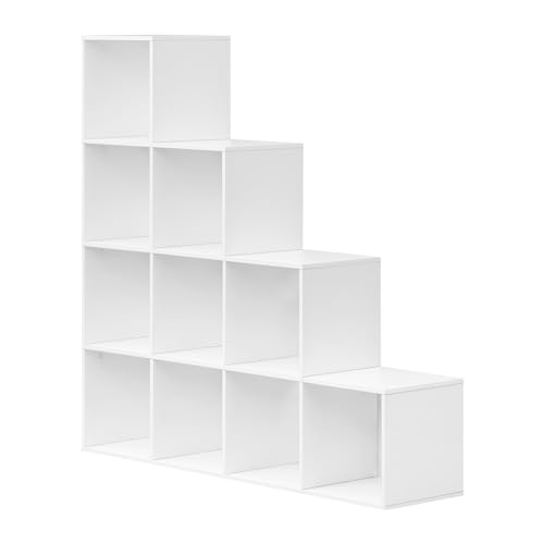 Woltu Bookcase Stepped Shelf with 10 Compartments White 120 x 30 x 120 cm
