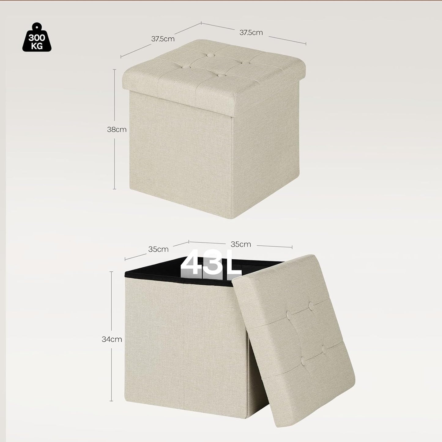 Woltu Tabouret de rangement pliable avec couvercle - Lin blanc cassé - 37,5 x 37,5 x 38 cm - Tabouret et pouf de rangement 35L