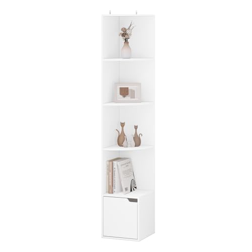 Woltu Bibliothèque d'angle avec 5 étagères et porte de placard - Bois blanc - 29,5 x 29,5 x 158 cm