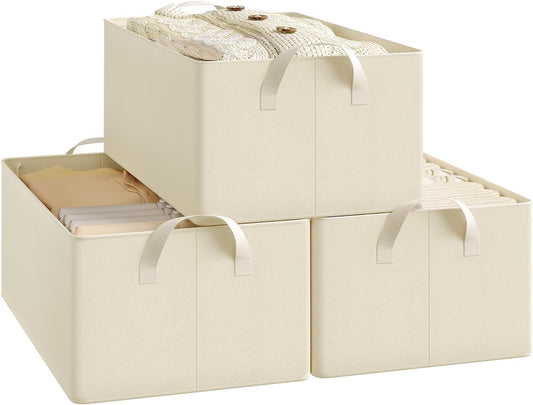 Woltu Lot de 3 boîtes de rangement pliables avec poignées - Crème - 47 x 28 x 20 cm