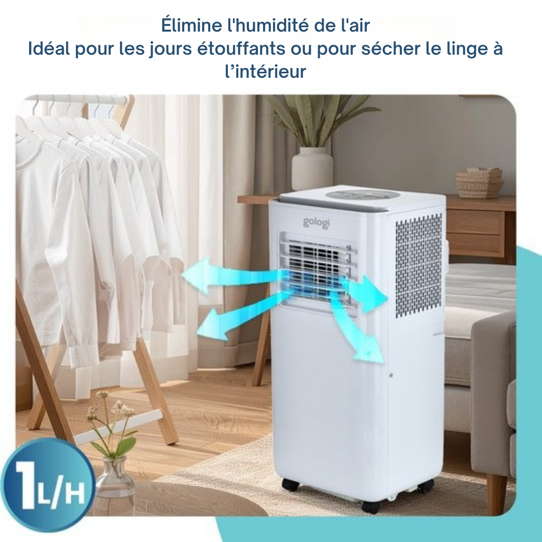 Gologi 3-in-1 Mobile Air Conditioner - Rafraîchisseur d'air avec Wifi et App - 9,000 BTU/h - Avec kit d'étanchéité pour fenêtre - Télécommande incluse - Convient pour la chambre à coucher - Blanc