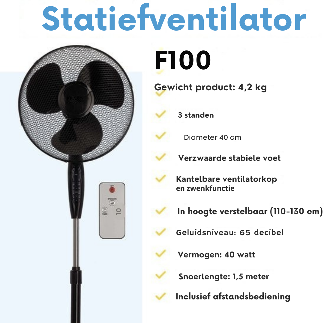 BRASQ Ventilateur trépied - 40 cm - Noir - Avec télécommande - Minuteur - Mode veille - Réglable en hauteur - Ventilateur silencieux - 40 Watts