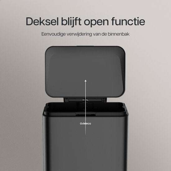 Deleca Trashcan Prestige - 50 Litres - Large - Poubelle / Corbeille à papier / Poubelle à pédale en acier inoxydable - Avec pédale et fermeture lente - Noir mat