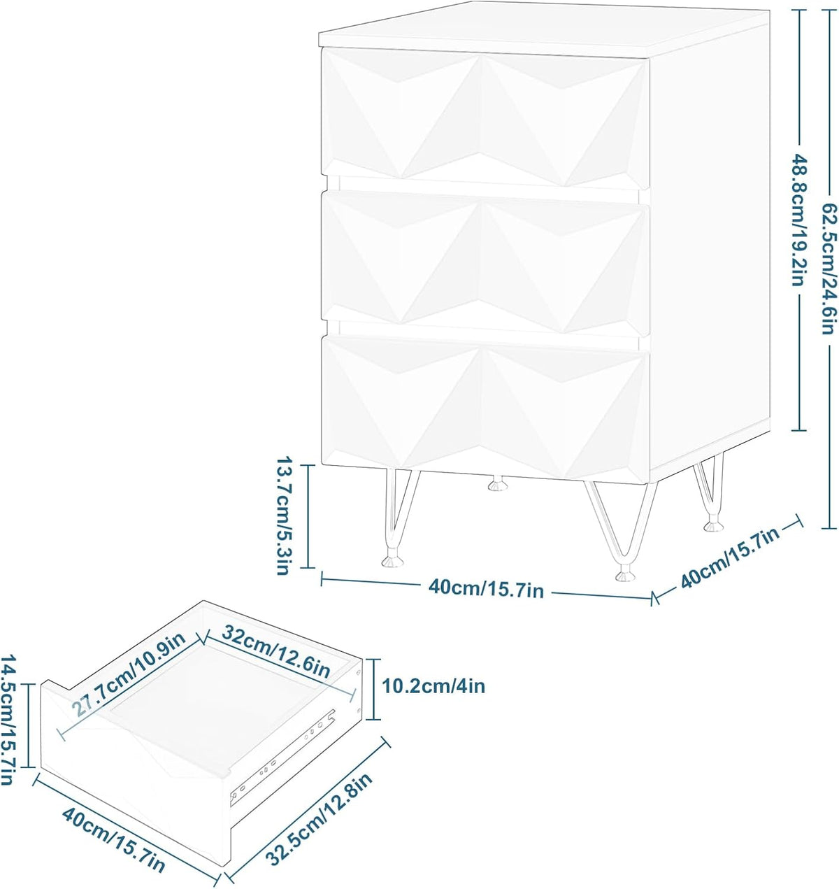 Eugad Table de chevet avec 3 tiroirs - 40x40x62,5 cm - Blanc avec or - Design 3D moderne