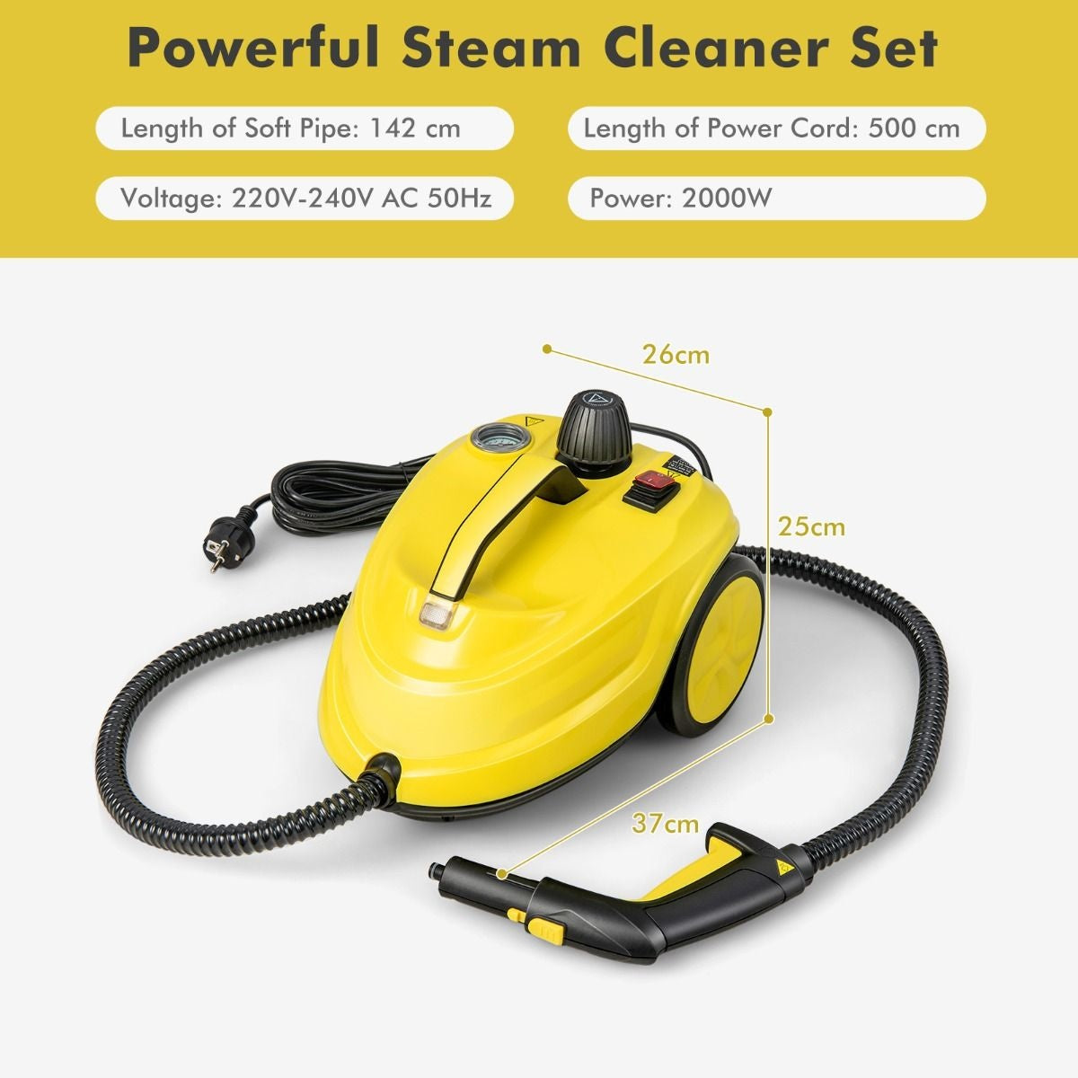 Coast Nettoyeur vapeur multifonction - 2000W, 5 Bar, 13 Accessoires, Capacité 1.8L - 37 x 26 x 25 cm - PP - Jaune