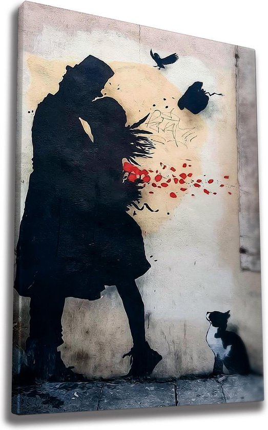 Décoration d'intérieur - "The Kiss - Banksy" Peinture sur toile coton polyester 70x100x3 cm - Cadre décoratif inclus - Accessoire de maison multicolore