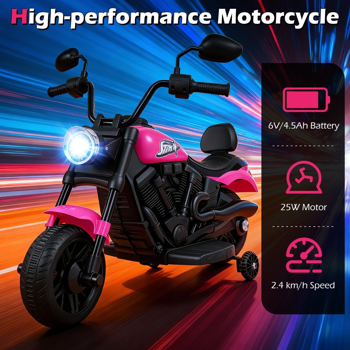 Motocyclette pour enfants Coast 6 V avec musique et phare à LED - 83 x 52 x 57 cm - Rose