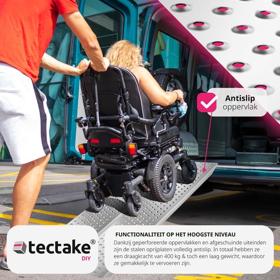 tectake® 2x Rampes d'accès - Jeu de 2 rampes d'accès en acier avec capacité de charge jusqu'à 400 kg - Antidérapantes et perforées - Rampe d'accès pour voiture, remorque, moto, tondeuse, fauteuil roulant, vélo (160 cm)