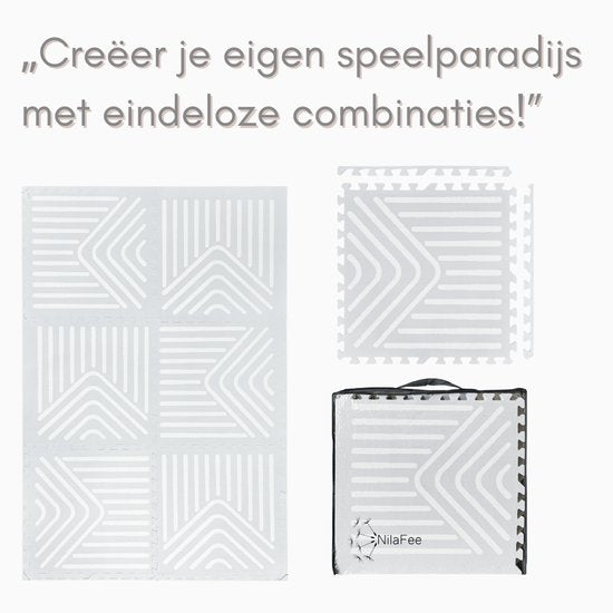 NilaFee™ - Tapis de jeu - Mousse - Bébé - Tapis d'éveil - Tapis de rampage - 180 x 120 x 1,5 cm - Tapis puzzle - Sac de rangement - Motifs géométriques gris