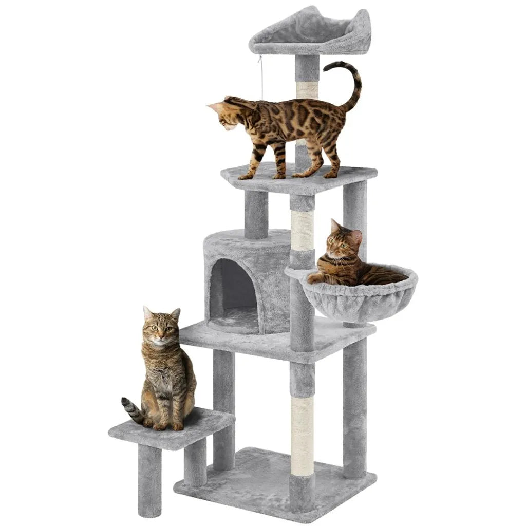 Arbre à chat Yaheetech 145 cm - Gris clair - Arbre à chat avec maison, panier suspendu et plate-forme d'observation