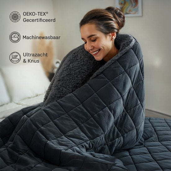 Couverture lestée CozySense® 7 kg - Couverture lestée - Couverture lestée - GLASS-Flow® Distribution de la pression - 135x200 - Velours flanelle & Sherpa - Hypoallergénique - Noir