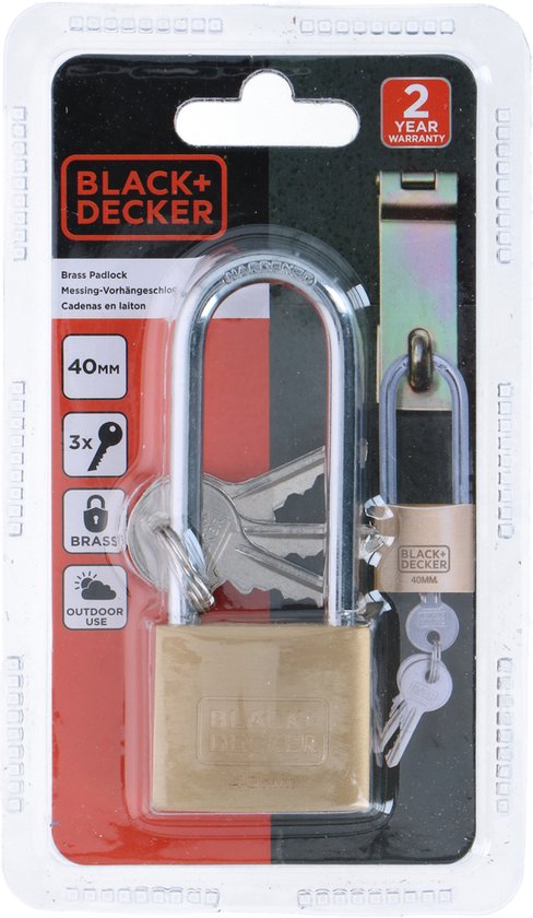 Cadenas - BLACK+DECKER - 40mm - Anse longue - 3 clés incluses - Serrure en laiton massif