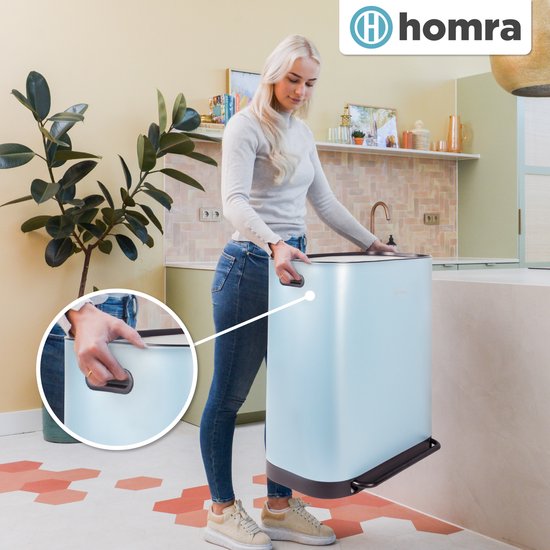 Poubelle Homra Rockx 60 litres - Poubelle à double pédale 2 x 30 L avec filtre anti-odeurs - Poubelle de tri sélectif en acier inoxydable à 2 compartiments - Poubelle de recyclage - Poubelle de cuisine - Poubelle de tri sélectif - Poubelles doubles bleues
