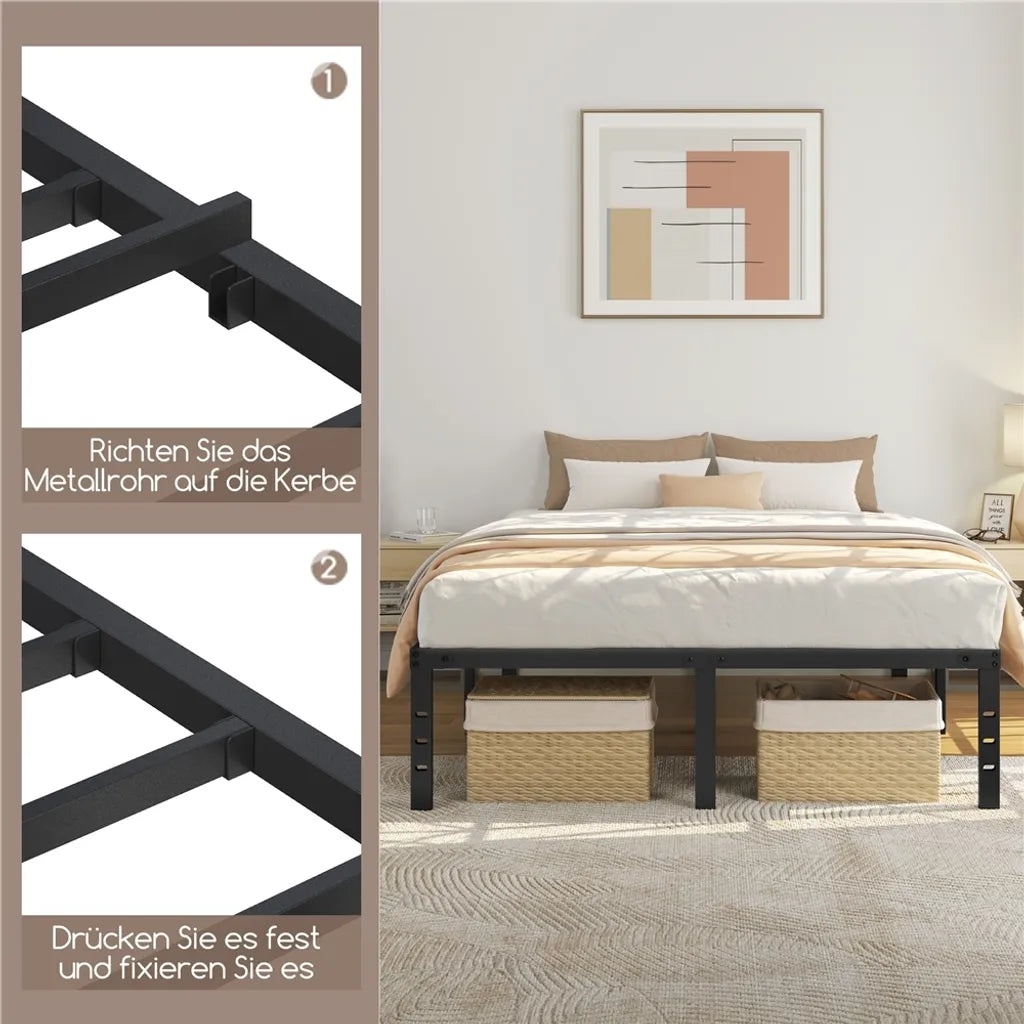 Yaheetech Cadre de lit noir - métal Lit 140 x 200 cm - 37,5 cm Espace de rangement
