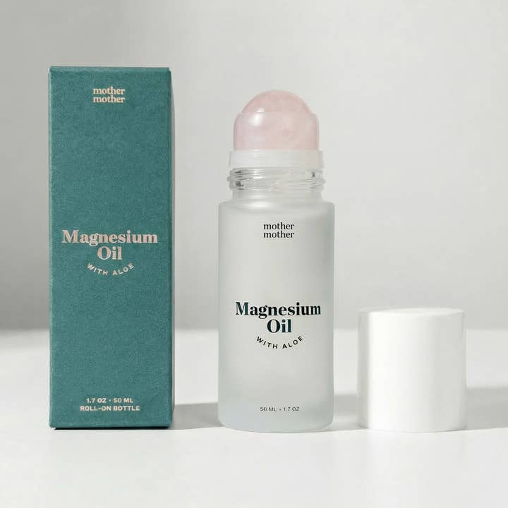 Huile de magnésium Mother Mother en roll-on à l'aloès et à la pierre de quartz rose - 50 ml - Flacon en verre transparent