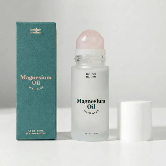 Huile de magnésium Mother Mother en roll-on à l'aloès et à la pierre de quartz rose - 50 ml - Flacon en verre transparent