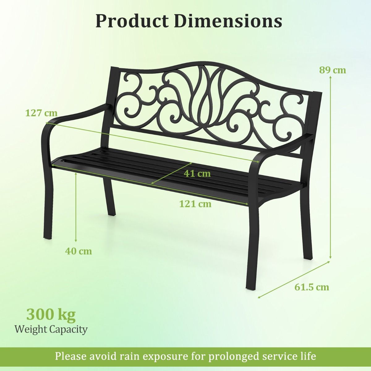 coast Garden Bench Black - dossier en fonte avec motif floral - 127 x 61 x 89 cm - Banc de terrasse 2-3 personnes avec accoudoirs