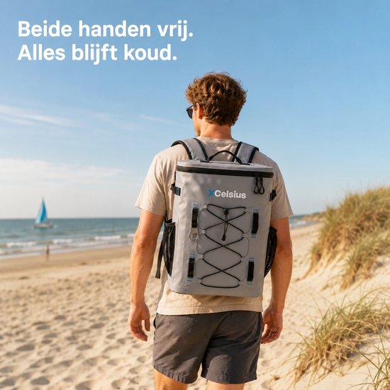 Sac à dos isotherme XCelsius® 20 litres – Sac à dos isotherme avec 2 blocs réfrigérants et un décapsuleur – Au moins 24 heures de fraîcheur – 100 % étanche – Sac à dos isotherme pour la plage, les festivals, le bateau et le camping – Gris