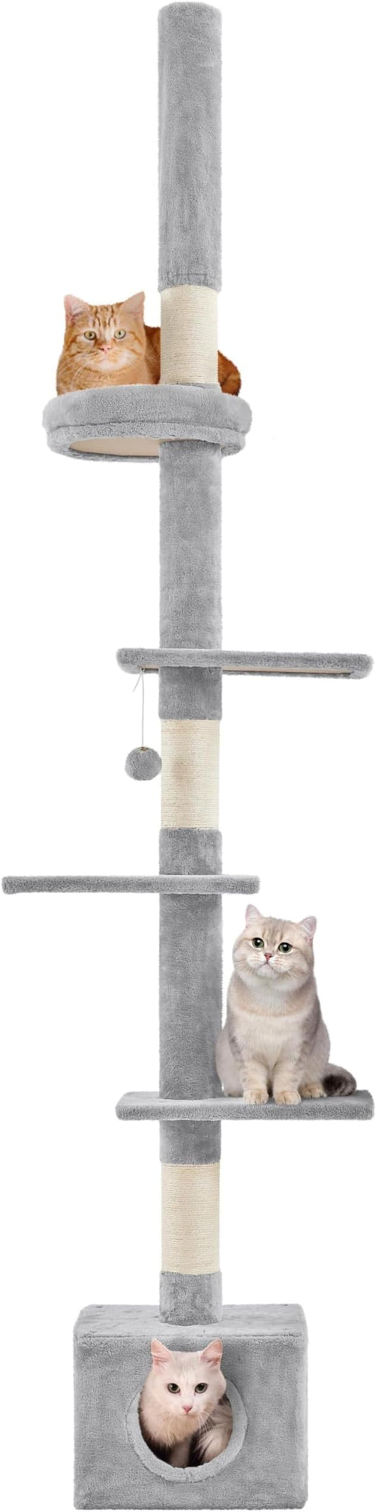 Arbre à chat de plafond Yaheetech 226-265,5 cm - Gris clair - Arbre à chat réglable avec maison pour chat et 5 niveaux