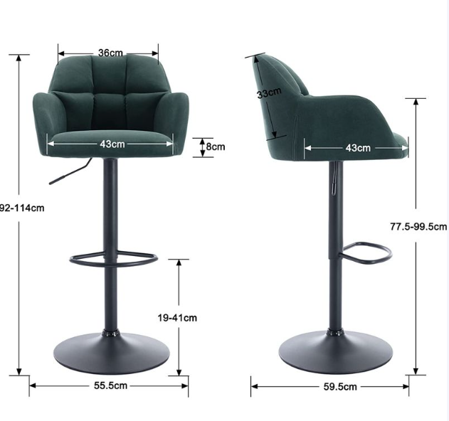 Lot de 2 tabourets de bar WAHSON en velours vert - Réglables en hauteur de 65 à 87 cm - Pivotants