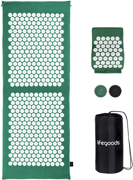 LifeGoods Tapis d'acupression XL - avec coussin - Tapis Shakti - Tapis pour ongles avec 2 balles pour points de déclenchement - 128x48x2cm - Vert/Blanc