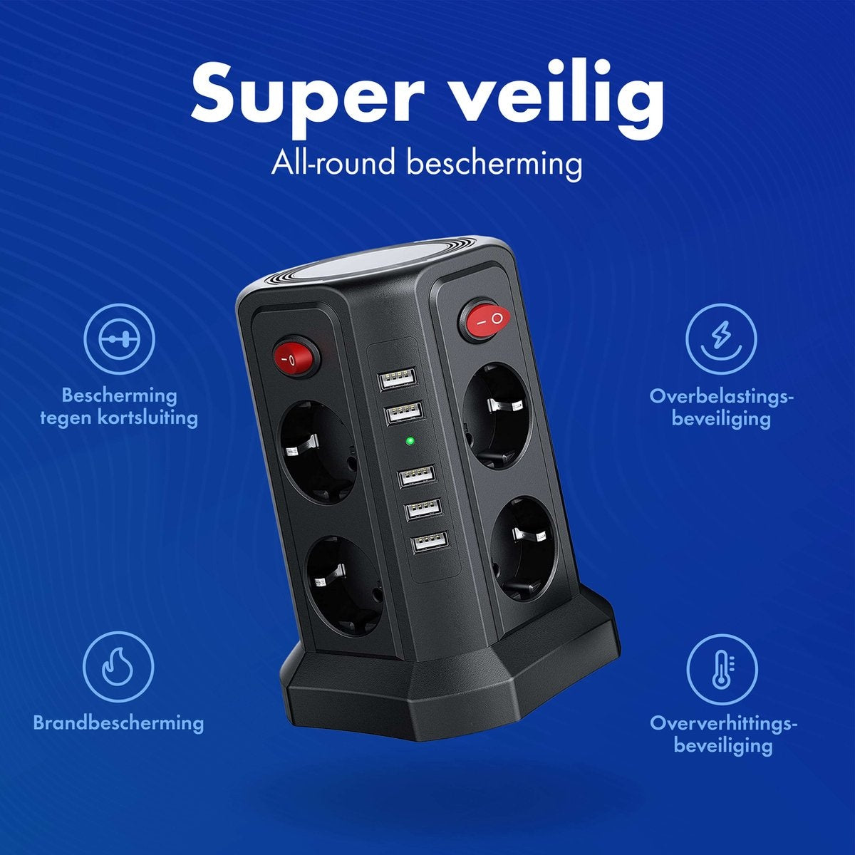 Prise avec interrupteur et USB - Boutons marche/arrêt à économie d'énergie - Bloc d'alimentation - Powercube - Noir - Câble de 3 mètres