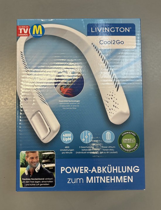 Ventilateur de nuque LIVINGTON Cool2Go - ventilateur de nuque portable et léger, doté de 3 vitesses, d'une sangle de nuque flexible et d'une autonomie de 6 heures.
