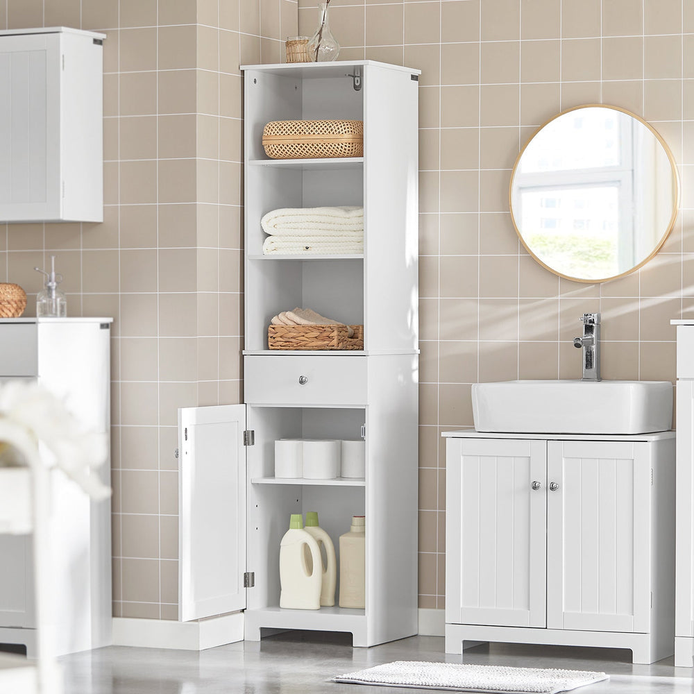 SoBuy BZR17-W Meuble de salle de bain haut - Tiroir, porte et étagères - Blanc - 40x150x33 cm