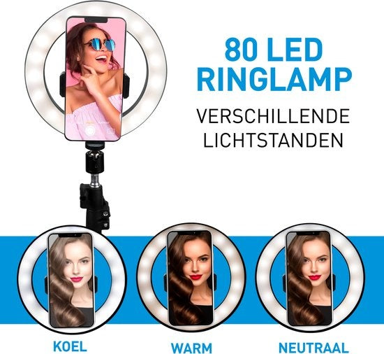 Lampe annulaire Grundig avec trépied et support de téléphone - réglable jusqu'à 210 cm - convient pour TikTok et YouTube - 3 modes d'éclairage