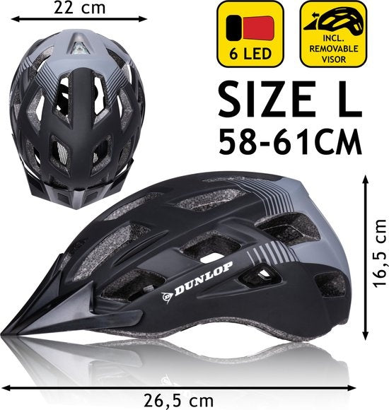 Dunlop Bicycle Helmet - Casque VTT - Taille L - Ajustable 58-61cm - Eclairage LED - Noir