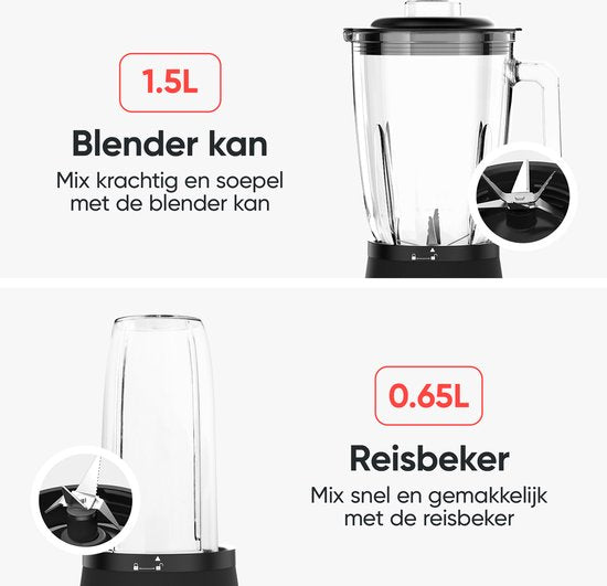 Blender - Kitchenwell - Puissant mixeur à smoothie de 1300 watts - 1,5 litre - gobelet en verre - Gobelet de sport inclus - acier inoxydable - Noir