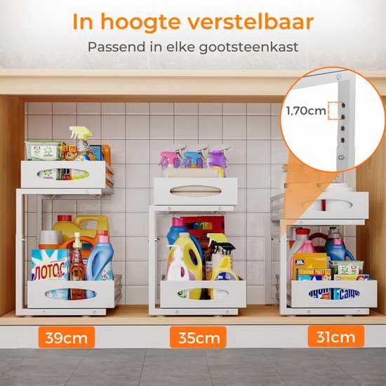 Posity Rangement pour armoire de cuisine - Rangement pour évier - Rangement pour comptoir - Support de rangement - Rangement pour salle de bain - Support de cuisine - Extensible - Métal - Blanc