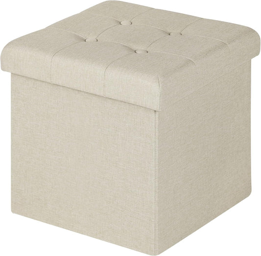 Woltu Tabouret de rangement pliable avec couvercle - Lin blanc cassé - 37,5 x 37,5 x 38 cm - Tabouret et pouf de rangement 35L