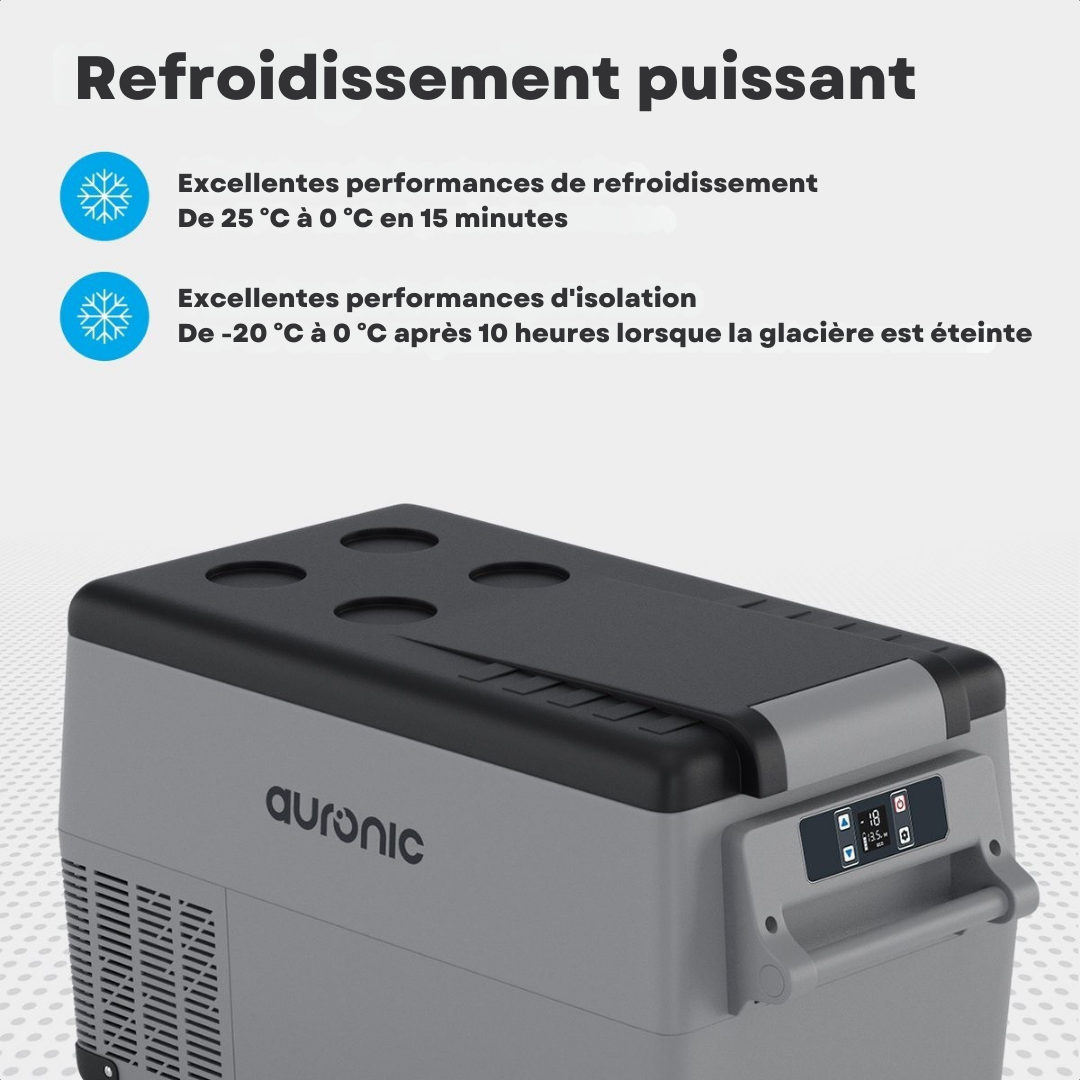 Glacière électrique à compresseur – Auronic – 30,4 L – 5 modes – 12V/240V – Double compartiment – Gris