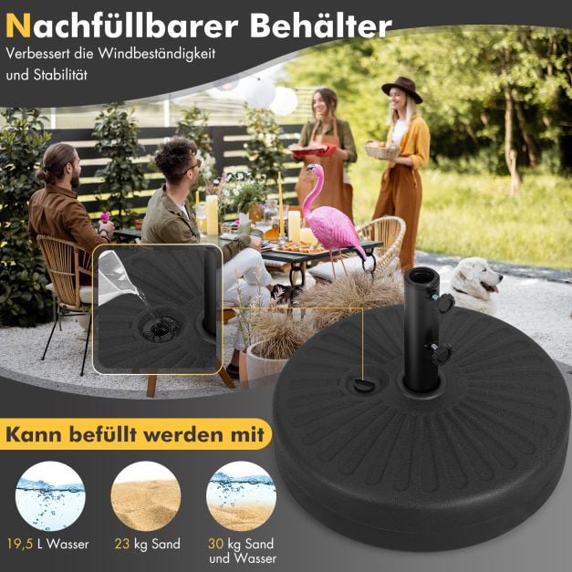 Pied de parasol Coast rechargeable 19,5 L – Pied de parasol pour Ø 38/48 mm – Rechargeable avec de l'eau ou du sable – Noir