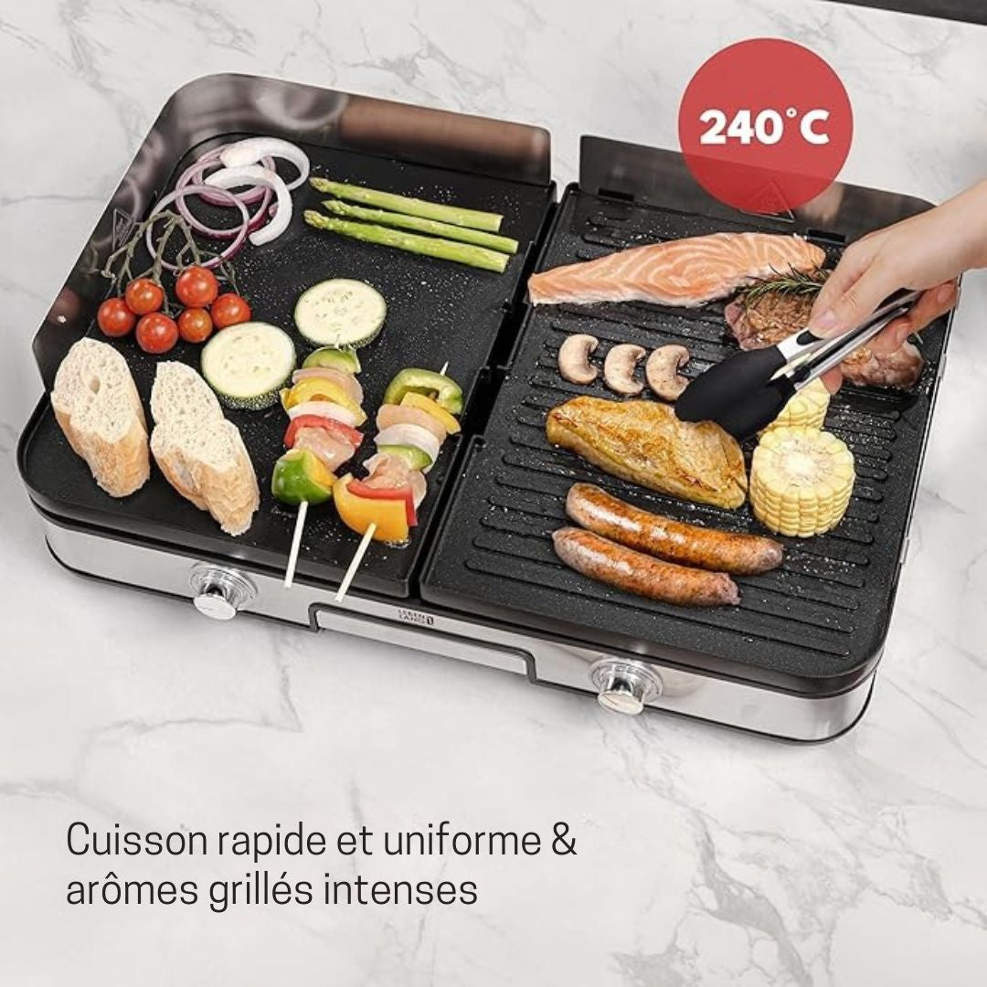 Grill de table électrique LEBENLANG  - 2400W - Pince à griller et protection anti-éclaboussures incluses - 35 x 52 x 10 cm - acier inoxydable